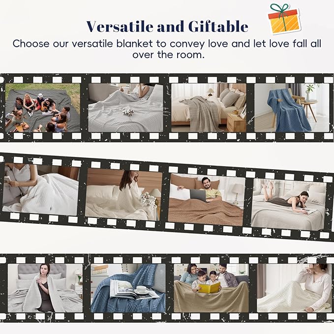 PHF 100% Cotton Waffle Weave Blanket King Size for Bed, Soft Lightweight & Breathable, All-Season Comfort, Luxury Aesthetic Woven Bedding for Home Decor, 108"x90", Denim Blue