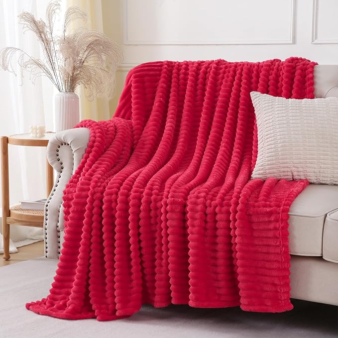 Cherry Red Throw Blanket for Couch Sofa 60x80 inches Striped Design | Fleece - Image 3