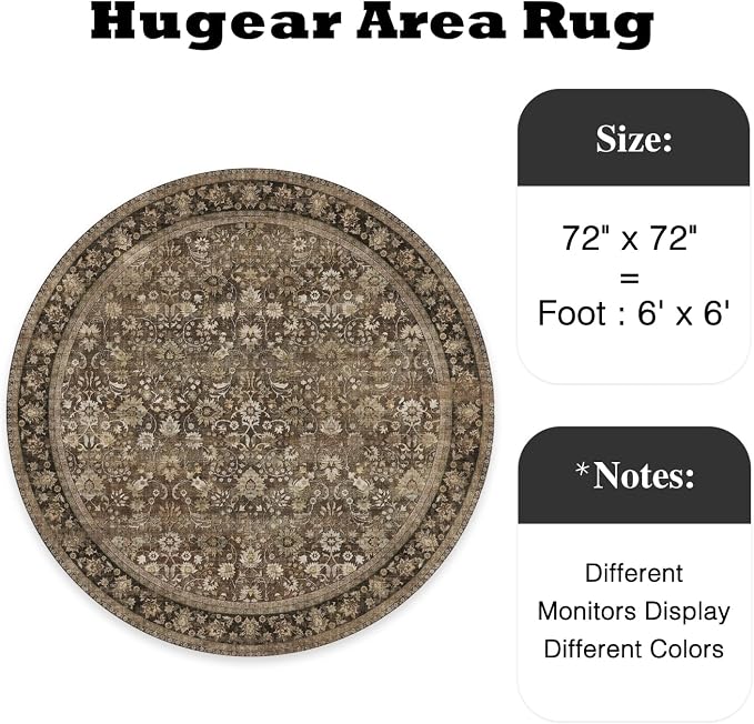 6ft Round Brown Vintage Floral Washable Rug - Image 2