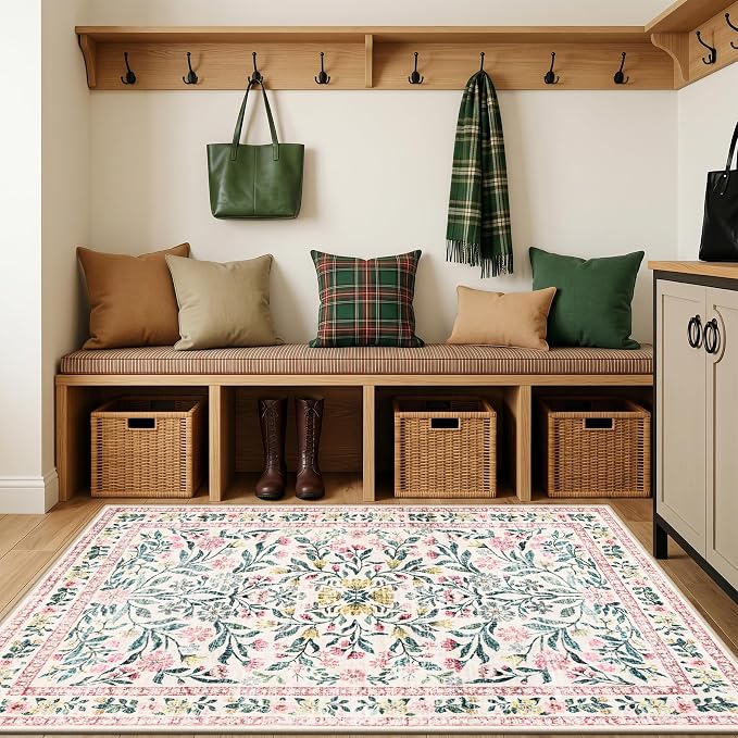 PLHXFR Area Rug Living Room: 3x5 Floral Washable Boho Carpet Pink Green | - Image 5