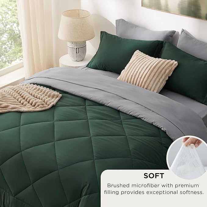 Bedsure Twin Comforter Set - 5 Pieces Reversible Forest Green Bedding, Twin Size Bed Set for All Seasons, Bed in a Bag with Down Alternative Comforter, Sheets, Pillowcase & Sham