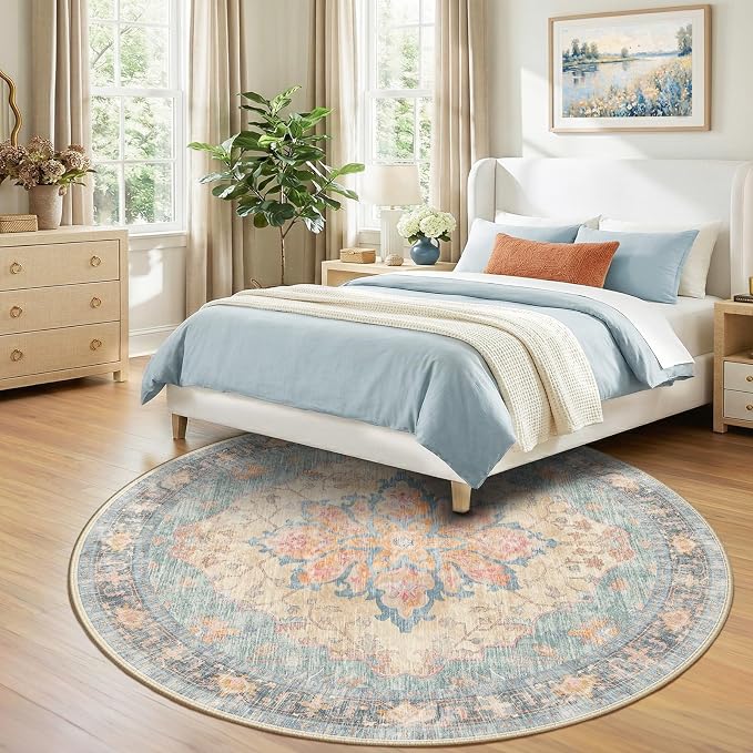 RELEANY Washable Area Rug, Round 8ft, Water Repellent, Pet Friendly, Vintage - Image 3