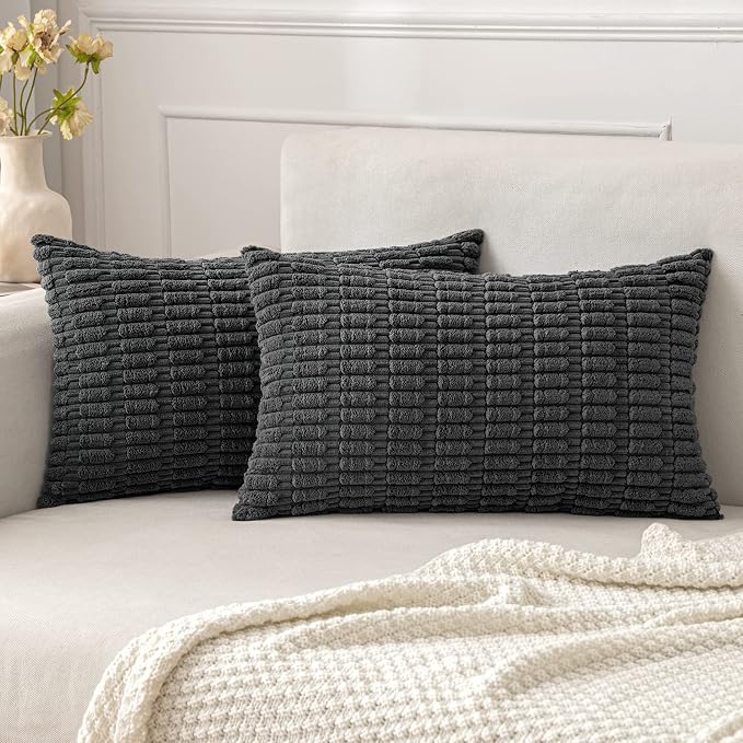 MIULEE Lumbar Corduroy Decorative Throw Pillow Covers 12x20 Dark Grey | Pack of by MIULEE