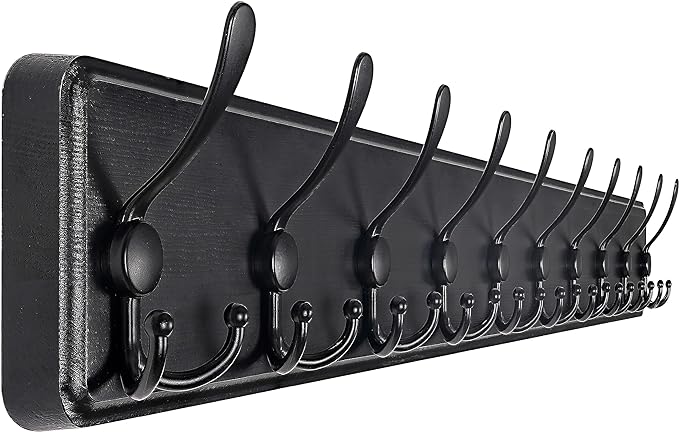 SKOLOO Coat Rack Wall Mounted - 38.3'' Long, Wooden, Heavy Duty, Rustic Coat Hooks for Wall, 16'' Hole to Hole, Wall Coat Rack with 10 Triple Hooks for Hanging Clothes, Jacket, Hat(Black)