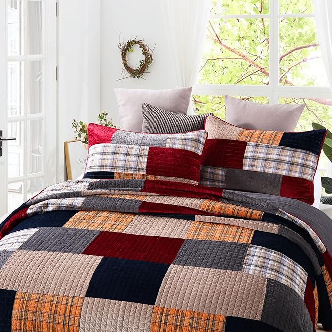 Secgo Imports Velvet King Size Comforter Set- Cotton & Velvet Quilt King Size Set, Red, Black bedspreads (96 * 108 Inch) with 2 Pillow Shams, Patchwork Reversible Lightweight Bedding