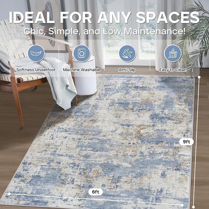 Aelenmu 6x9 Area Rugs for Living Room Bedroom Dining Room Washable Blue | Soft - Image 2