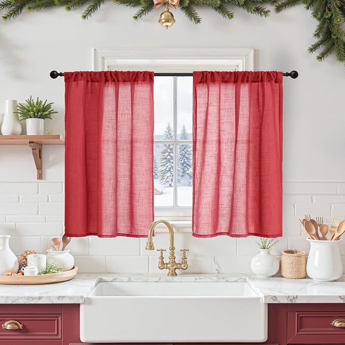 BGment Red Linen Cafe Curtains 36 Inch Length, Small Half Drapes Semi Sheer by BGment