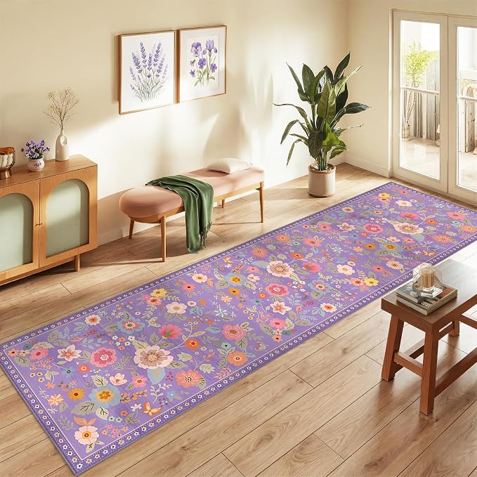 Floral Washable 2x10 Area Rugs Runner Entryway Hallway Purple/Pink | Flower by RELEANY