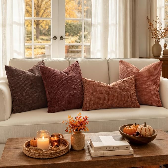 MIULEE Chenille Textured Fall Throw Pillow Covers Rust 18x18 Set of 2 | Slubby - Image 3