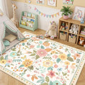 RELEANY Floral Washable 4x6 Area Rugs Beige/White/Orange | Flower Carpet Print by RELEANY