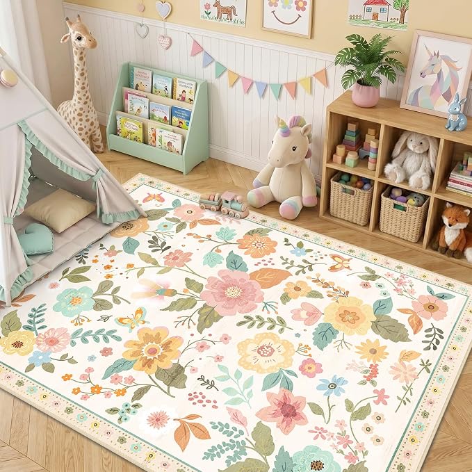 RELEANY Floral Washable 3x5 Area Rugs Beige/White/Orange | Flower Carpet Print - Image 8