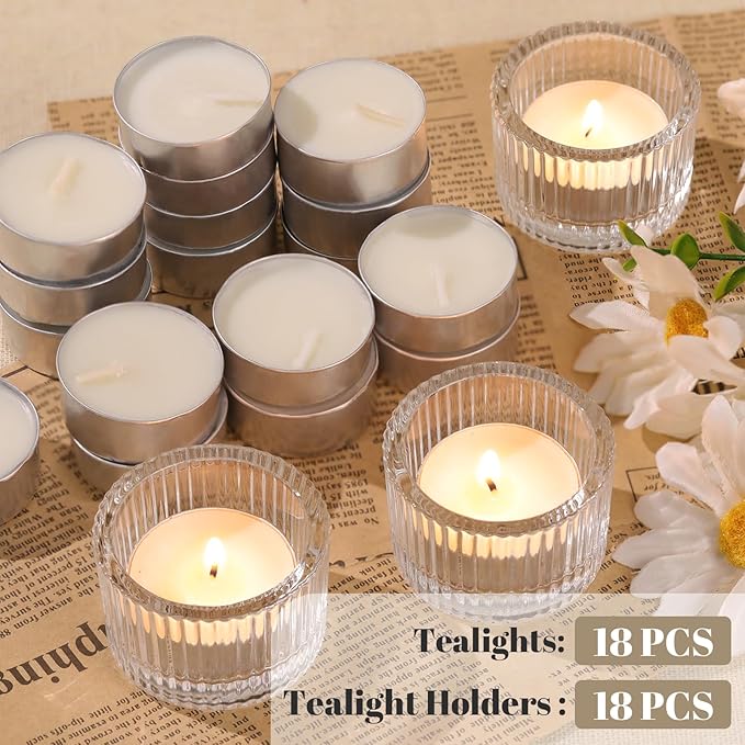 18 pcs Clear Tealight Candle Holders with 18PCS Tealights Candles, Glass Votive Candle Holders Set for Table Centerpiece, Home Decor and Party Supplies