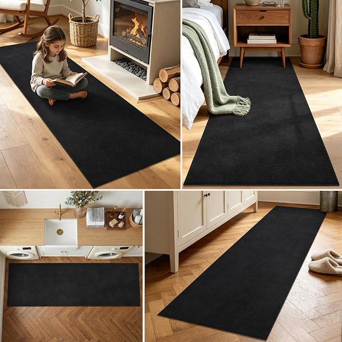 2x8 Black Solid Runner Rug Washable Non-Slip - Image 3