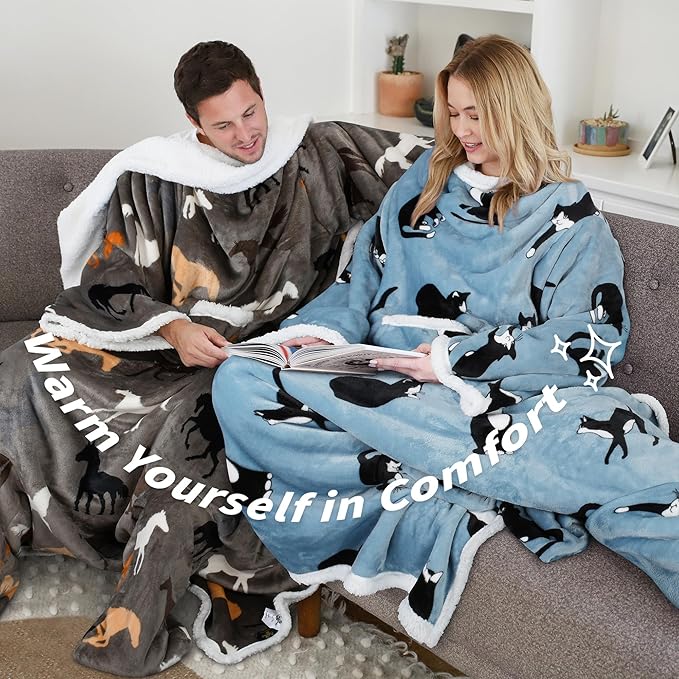 Catalonia Sherpa Wearable Blanket with Sleeves & Foot Pockets for Adult Women Men, Comfy Snuggle Wrap Sleeved Throw Blanket Robe, Gift Idea, Wonder Cat
