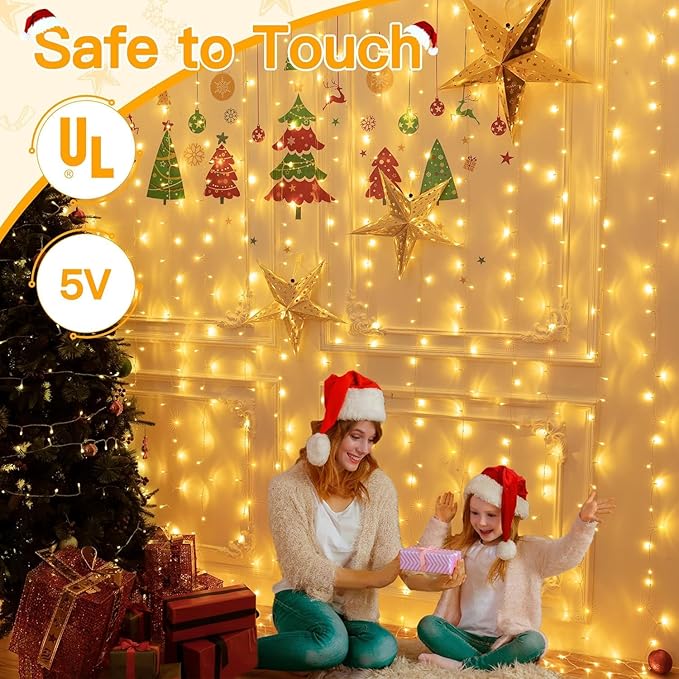 Ollny 2 Pack Curtain String Lights Warm White, 400LED 6.6x6.6ft Fairy Lights With Remote 8 Modes, Hanging Outdoor Waterproof, USB Power Wall for Bedroom Indoor Backdrop Window