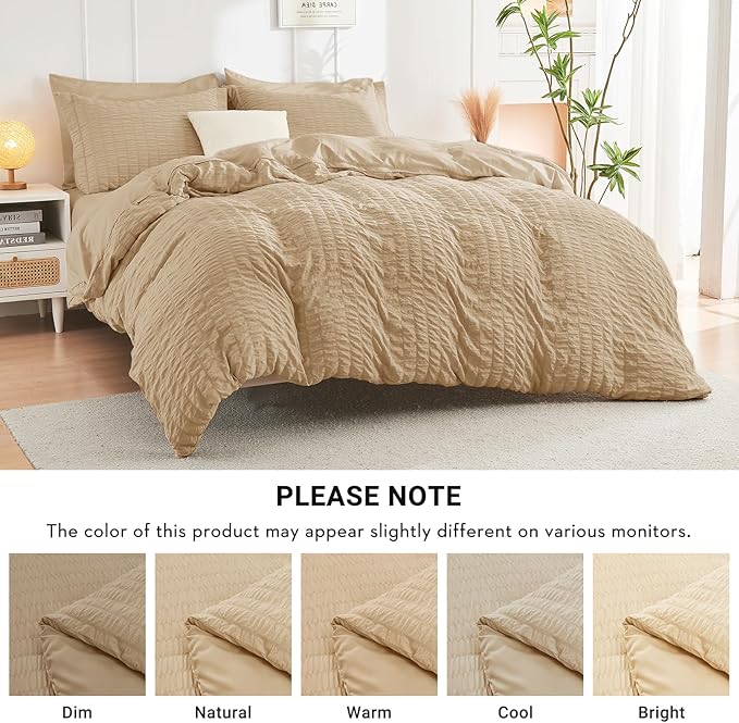 HYMOKEGE Khaki Twin Comforter Set Seersucker 5 Pieces, All Season Luxury Bed in a Bag for Bedroom, Bedding Set with Comforter, Sheets, Pillowcase & Sham