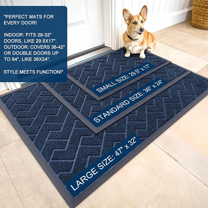 OLANLY Front Door Mat Outside 47x23, All-Season Absorbent Rubber Doormat | Blue - Image 2