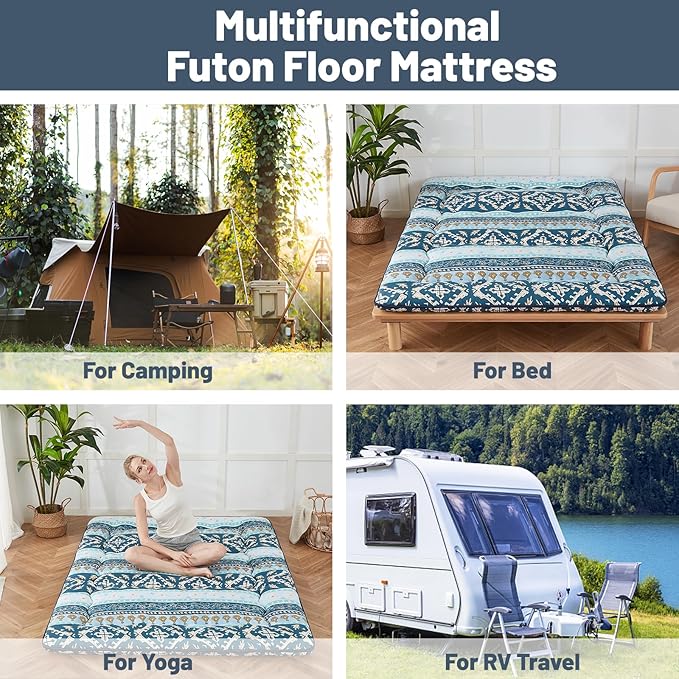 Japanese Floor Mattress, Futon Mattress with Portable Storage Bag and Washable Cover, Roll Up Thick Tatami Mat Suitable for Camping, Guest Room (Blue Striped Jacquard, Twin)
