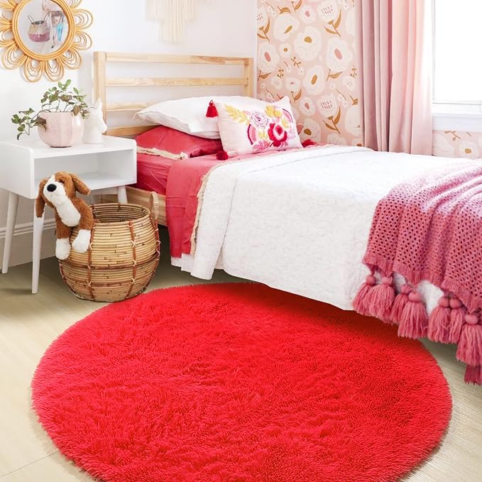 Red Round Area Rug 4ft, Soft Bedroom Circle Rugs Floor Mat - Image 8