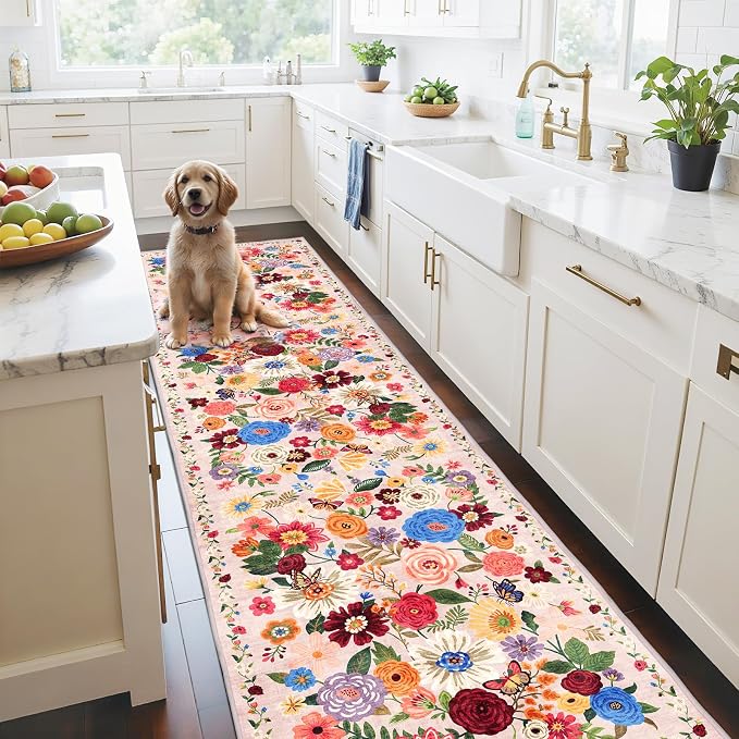 Blush Hallway Runner Rug 2x10 for Kitchen Bathroom | Ultra-Thin; Non Slip; by WelcometoBabovid
