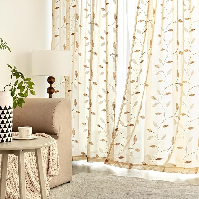 MIULEE Beige Sheer Curtains 2 Panels Embroidered Leaf Patterned, W52 x L63 | - Image 3