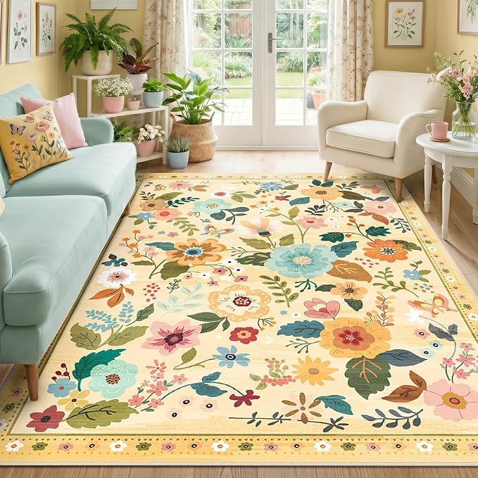 RELEANY Floral Washable 5x7 Area Rugs Ivory/Yellow | Flower Carpet Print Boho by RELEANY