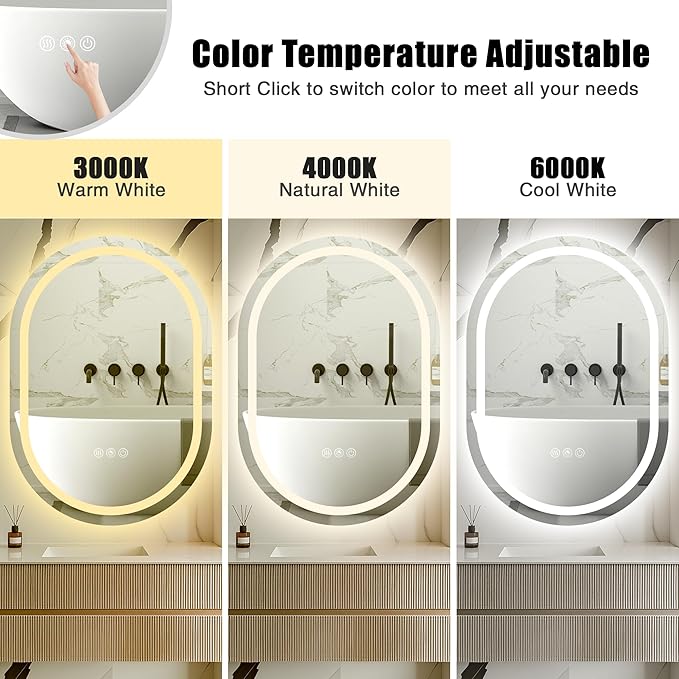 Oval LED Mirror for Bathroom Wall 28 x 40 Inch,Oval Frameless LED Bathroom Vanity Mirror,Lighted LED Mirror with 3 Color Lighting,Dimmable, Anti-Fog(Horizontal/Vertical)