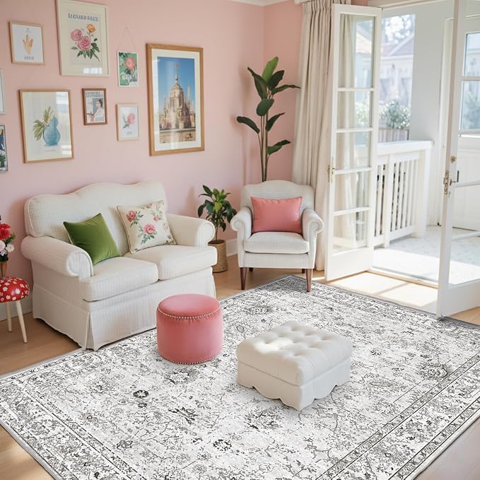 Grey Floral Area Rug 4x6 for Bedroom Dining Room | Boho Style; Low Pile; Non - Image 7