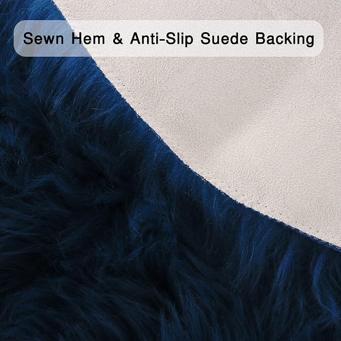 Navy Blue Faux Sheepskin Throw Rug 2x3 ft, Small Fluffy Fur Chair Cover | Shag - Image 3