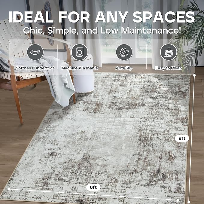 6x9 Area Rugs for Living Room Bedroom Dining Room Washable Brown Grey | Soft - Image 2