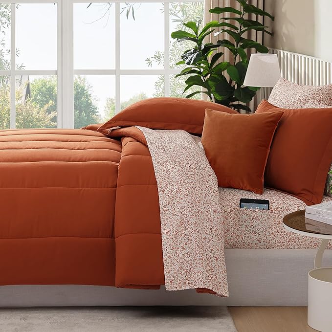 Monbix Queen Comforter Set - 7 Pieces Burnt Orange Bed in a Bag Queen Track Stitching Bedding Sets, All Seasons Down Alternative Comforter Bed Set with Sheets,Pillowcases & Shams