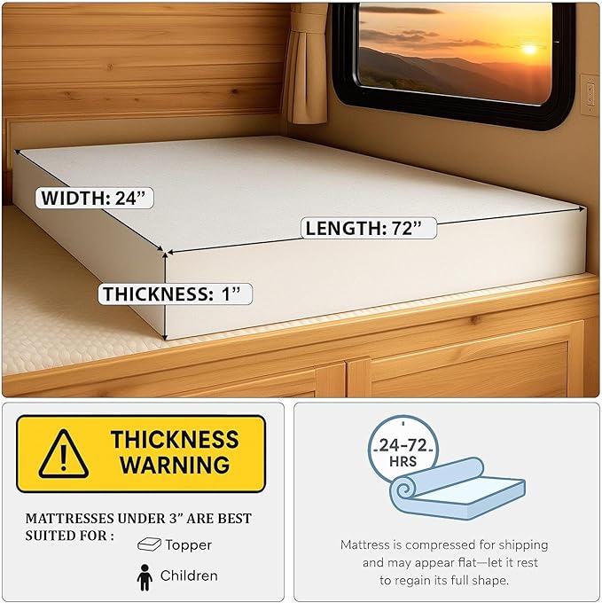 Foamma 1" x 24" x 72" Truck, Camper, RV High Density Foam Bunk Mattress Replacement, Made in USA, Comfortable, Travel Trailer, CertiPUR-US Certified, Cover Not Included