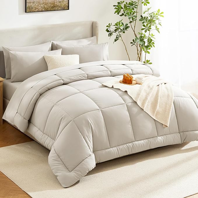 CozyLux Twin Comforter Set with Sheets Beige, 5 Pieces Bed in a Bag, Beige Comforter Twin Size, All Season Bedding Set with Stitch Quilted Comforter, Flat Sheet, Fitted Sheet, Pillowcases