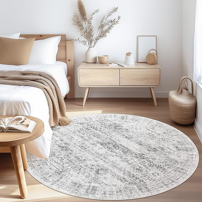 Soalmost 6x6 Grey Round Rug 6ft Circle Living Room Area Rugs Non-Slip | - Image 7