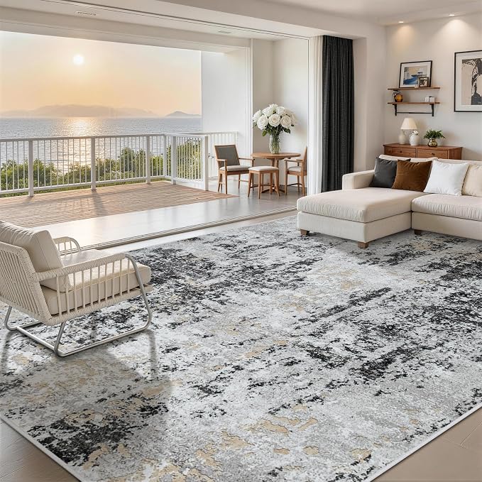 10x14 Area Rugs for Living Room Washable Dining Room Black Grey Gold | Modern - Image 8
