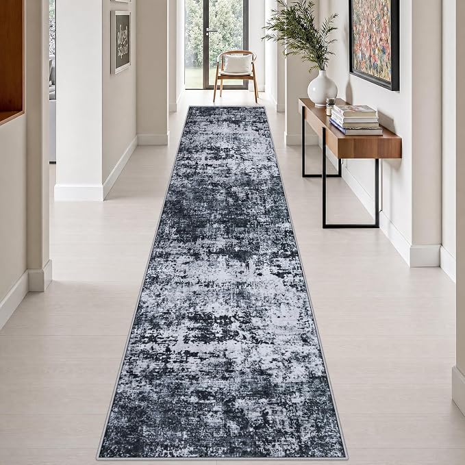 2.6x14 Washable Runner Rug:Modern Abstract Indoor Carpet Black | by FXRHLP