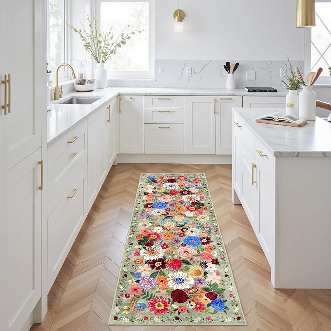 Floral Hallway Runner Rug 2x6 for Bedroom Kitchen | Rubber Backing; Non Slip; - Image 3
