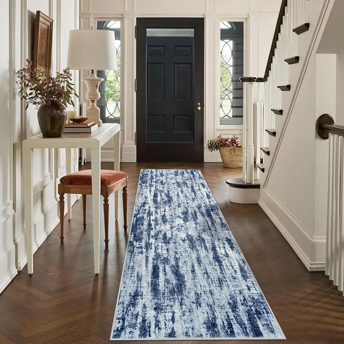 2'6''x8' Runner Rugs Washable Rug: Modern Abstract Hallway Blue Grey Carpet | - Image 3