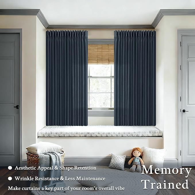 Navy Blue Pinch Pleated Linen Semi Sheer Curtains 63 Inches Long | Navy Linen - Image 2
