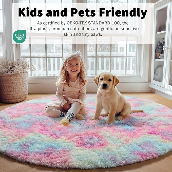 Rainbow Round Area Rug 4ft, Soft Bedroom Circle Rugs Mats - Image 3