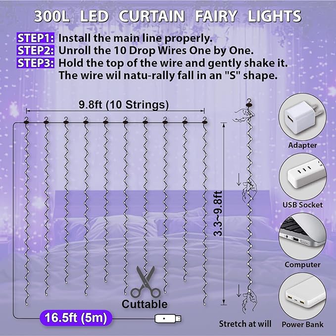 HXWEIYE 300LED Fairy Curtain Lights, 9.8x9.8Ft USB Plug-in 8 Modes Christmas String Hanging Lights with Remote for Bedroom Backdrop Wedding Party Indoor Wall Decor, Purple, Standard