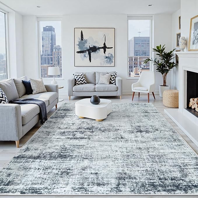 8x10 Washable Area Rug for Living Room Bedroom: Non-Slip Modern Black Grey | by Oriannal