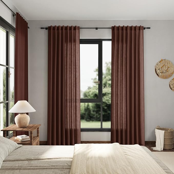 Rustic Brown Linen Curtains Semi Sheer 96 Inches Long 2 Panels Set - Image 7