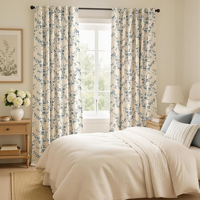 Blackout Vintage Floral Linen Curtains Blue on Beige 50×90 2 Panels | Elisa - Image 5
