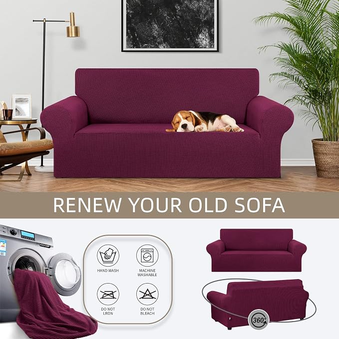 Stretch Loveseat Couch Cover, 2 Cushion Couch Slipcover, Wine | 1-Piece - Image 3