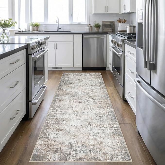 2.6x8 Washable Runner Rug：Modern Abstract Kitchen Soft Carpet Brown | by FXRHLP