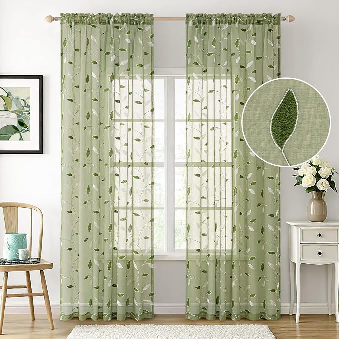MIULEE Sage Green Sheer Curtains 2 Panels Leaf Patterned, W52 x L84 | - Image 2