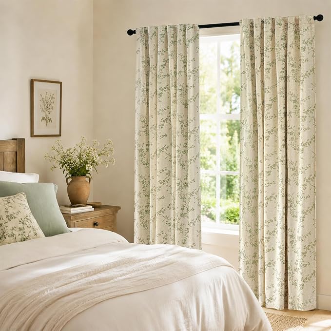 Blackout Vintage Floral Linen Curtains Green on Beige 50×90 2 Panels | Elisa - Image 5