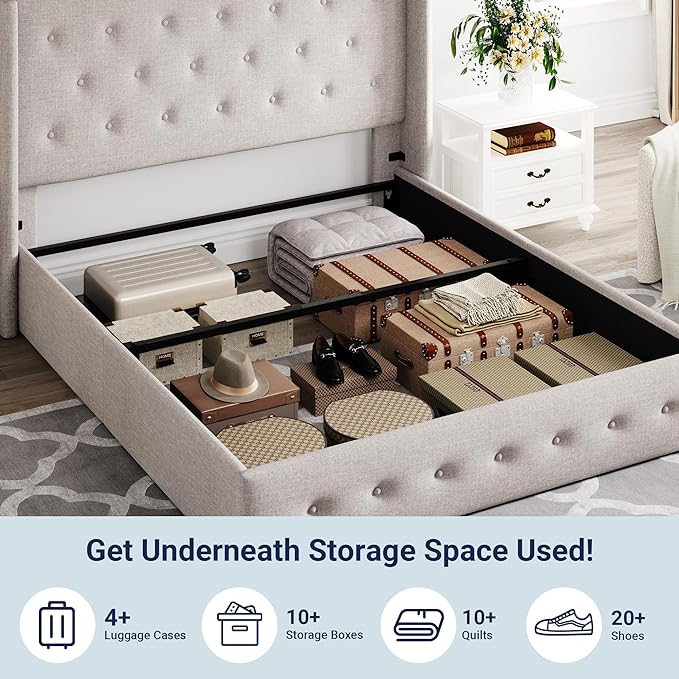 Allewie Queen Size Lift Up Storage Bed, Button Tufted Headboard with Wingback, Hydraulic Support, No Box Spring Needed, Light Beige