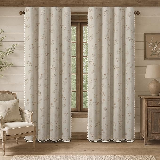 Boho Floral 100% Blackout Curtains 84 Inch 2 Panels Beige | Farmhouse Vintage - Image 2
